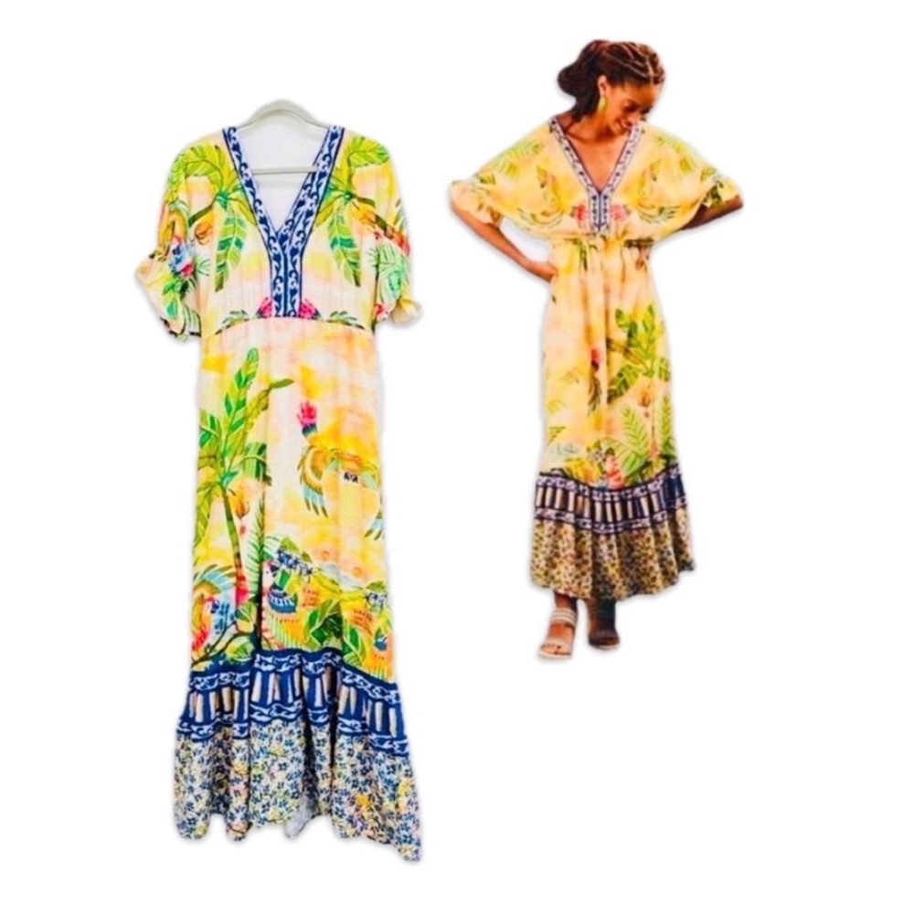 Rare‼️FARM Rio Tropical Print V-Neck Puff Sleeve Maxi Dress Fits Size XS or S